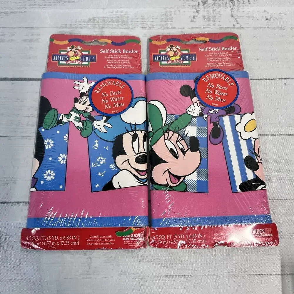 Vintage 2pc Borden Self Stick Border Mickey's Stuff Minnie Mouse Pink--10 yds